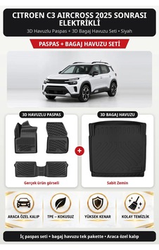 Citroen C3 Aircross 2025+ Elektrikli 3d Havuzlu Paspas + 3d Bagaj Havuzu Seti Sabit Zemin Siyah Citroen C3 Aircross 2025+ Elektrikli 3d Havuzlu Paspas + 3d Bagaj Havuzu Seti Sabit Zemin Siyah