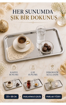 Premium Paslanmaz Çelik Sunum Tepsisi 33x18 Cm Şık Dikdörtgen Çay Kahve Servis Tepsisi Gümüş