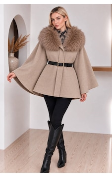 Moda Banuş Kürk Yaka Kemerli Kaşe Panço Bej