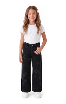 Onloox Kız Çocuk Siyah Kız Çocuk Siyah Pamuklu Geniş Paça Regular Yıldız Baskılı Denim Jean Pantolon 10-14 Yaş