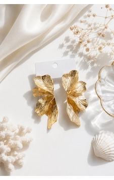 316l Çelik Gold Renk Lotus Yaprak Model Kadın Küpe Çok Renkli