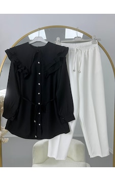 Lovie Moda Fırfır Yaka Bağcıklı Tunik Pantolonlu Takım Siyah Lovie Moda Fırfır Yaka Bağcıklı Tunik Pantolonlu Takım Siyah