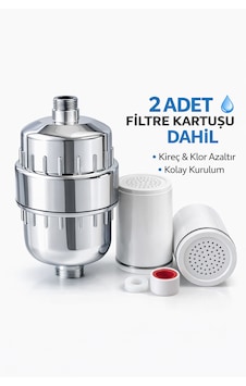 20 Aşamalı Duş Filtresi, Klor & Kireç Önleyici, 2 Filtre Kartuşu Dahil, Evrensel Bağlantı, Gümüş