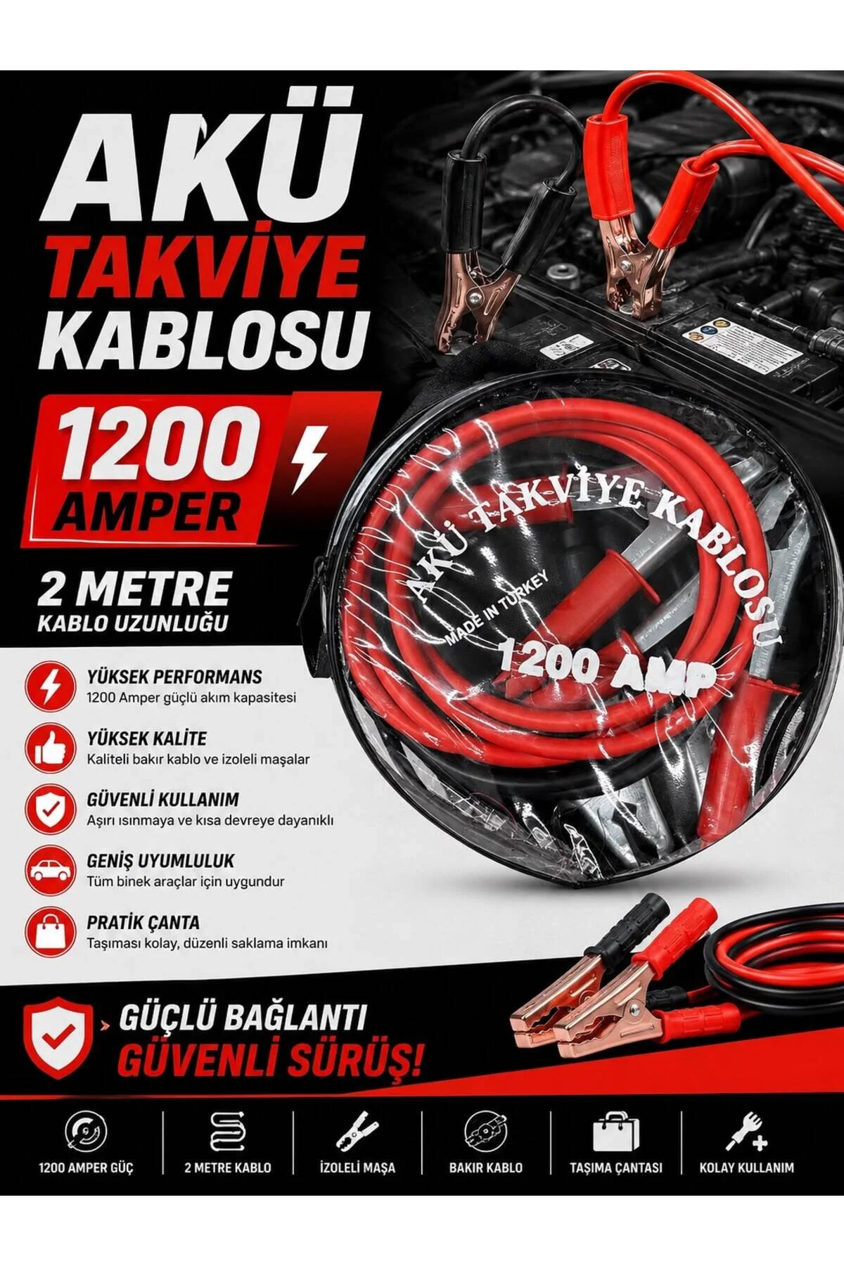 Akü Takviye Kablosu 1200 Amper 2 Metre Çantalı Yüksek Kalite Takviye Kablosu