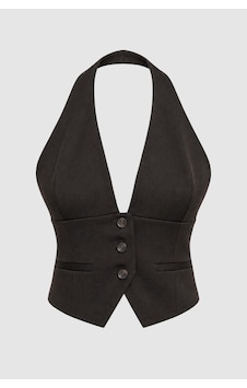 Thalure Kadın Kahverengi Halter Yaka Düğmeli Crop Yelek Thalure Kadın Kahverengi Halter Yaka Düğmeli Crop Yelek