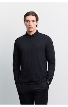 Avva Erkek Siyah Polo Yaka Düğmeli Teknik Kumaş Uzun Kol Basic Regular Fit T-shirt A62y1014