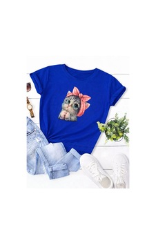 Unisex Sweet Cat Baskılı Oversize T-shirt Mavi