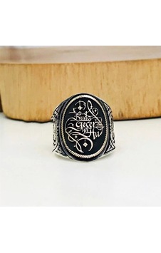 İpek Silver Buda Geçer Yahu Yazılı Erkek Yüzük 925 Ayar Gümüş