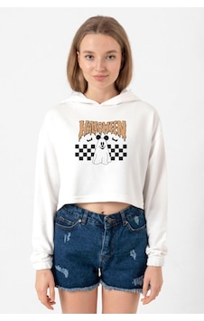 Halloween Mickey Ghost Ekru Kadın Crop Kapşonlu 001