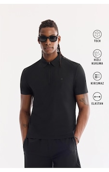 Avva Erkek Siyah Polo Yaka Fermuarlı Hızlı Kuruyan Kırışmaz Teknik Kumaş Regular Fit T-shirt A61y1124