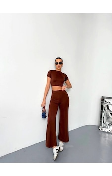 Efnaz Style Osy Modal Yumuşak Dokulu Kumaş Kısa Kollu Crop Alt Ispanyol Paça Pantalon Ikili Takım - Kahverengi Efnaz Style Osy Modal Yumuşak Dokulu Kumaş Kısa Kollu Crop Alt Ispanyol Paça Pantalon Ikili Takım - Kahverengi