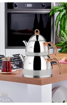Taç Metalik Festa İndüksiyon Tabanlı Aile Boyu Çaydanlık Bakır Paslanmaz Çelik Inox Taç Metalik Festa İndüksiyon Tabanlı Aile Boyu Çaydanlık Bakır Paslanmaz Çelik Inox