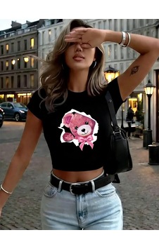 Tarzsokak Kawaii Pembe Ayıcık Desenli Fiyonklu Kadın Babby Teetişörtleri Yazlık Yumuşak Yüksek Esnek Üstler Siyah Tarzsokak Kawaii Pembe Ayıcık Desenli Fiyonklu Kadın Babby Teetişörtleri Yazlık Yumuşak Yüksek Esnek Üstler Siyah