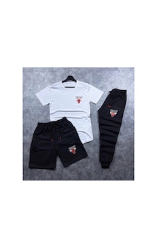 Chicago Baskılı Beyaz - Siyah Slim Fit 3 Lü Takım Tişört - Şort - Eşofman Alt Chicago Baskılı Beyaz - Siyah Slim Fit 3 Lü Takım Tişört - Şort - Eşofman Alt