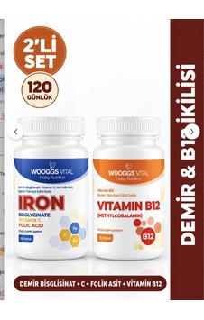 Hotay Nutrition Wooggs Vital Demir Bisglisinat + Vitamin C + Folik Asit 120 Tablet + Vitamin B12 1000 Mcg 120 Tablet 2'li Set