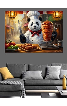Döner Hazırlayan Aşçı Panda Tablosu Dekoratif Kanvas - Mdf Ahşap Tablo