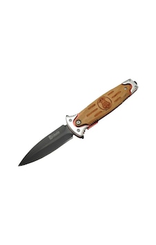 Fs 11031 Kahverengi Kamp Çakı 20cm- Police İşlemeli, Ahşap Sap, Kemerlikli, Cam Kırma Aparatlı Asorti