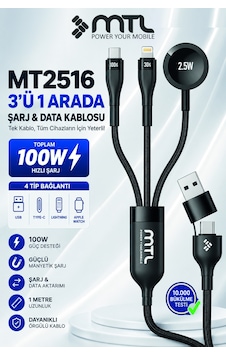 3'ü 1 Arada 100w Pd Hızlı Şarj Kablosu Type-c Lightning Apple Watch Uyumlu Örgülü 1 Metre Mt2516 3'ü 1 Arada 100w Pd Hızlı Şarj Kablosu Type-c Lightning Apple Watch Uyumlu Örgülü 1 Metre Mt2516