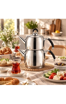 Serenk Excellence Orta Boy Çelik Çaydanlık 1,25 L Demlik, 2 L Suluk Gümüş - Siyah Serenk Excellence Orta Boy Çelik Çaydanlık 1,25 L Demlik, 2 L Suluk Gümüş - Siyah