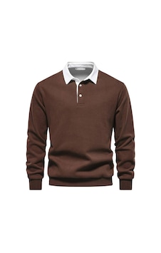 Ghassy Co. Erkek Retro Renk Bloklu Pamuklu Gömlek Yaka Sweatshirt Kahve
