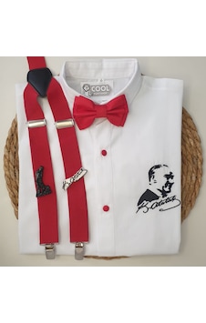 Cool Party Shop Erkek Çocuk Askı Papyon Nakışlı Gömlek Kırmızı