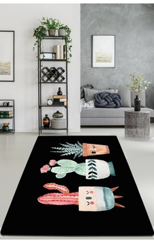Happy Cactus Djt Siyah 100X300 Cm Yıkanablir Halı