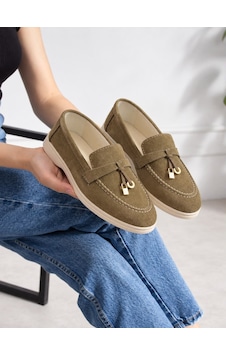 Dabab Shoes Lupy Kadın Haki Süet Loafer Ayakkabı Gold Aksesuarlı Ortopedik Rahat Taban Casual Babet