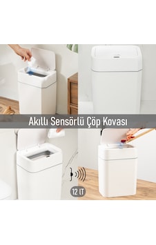 Porsima 4147 Hareket Sensörlü Sessiz Kapatma Çöp Kutusu Banyo Mutfak Çöp Kovası Kapaklı Banyo Çöp Kovası Beyaz