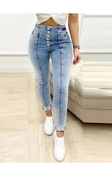 Kadın Rahat Kullanım Yüksek Bel Önden Düğmeli Jean Pantolon Mavi Kadın Rahat Kullanım Yüksek Bel Önden Düğmeli Jean Pantolon Mavi