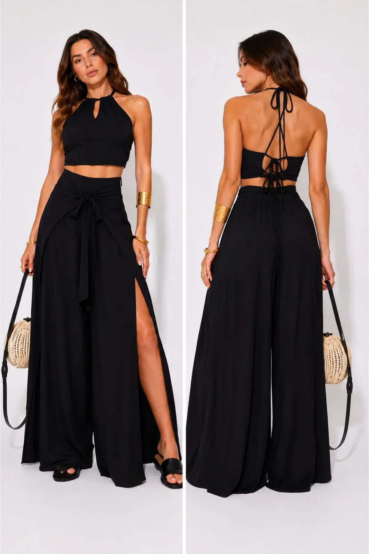 Meridefashion Crop Bluz Sırtı Bağlamalı Ve Bol Paça Pantolon Takım Aerobin Kumaş - 62373 siyah Meridefashion Crop Bluz Sırtı Bağlamalı Ve Bol Paça Pantolon Takım Aerobin Kumaş - 62373 siyah