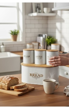 Bambu Kapaklı Metal Ekmeklik & Kavanoz Seti Modern Mutfak Düzeni Beyaz Diğer Bambu Kapaklı Metal Ekmeklik & Kavanoz Seti Modern Mutfak Düzeni Beyaz Diğer