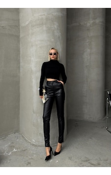 Olcay Deri Görünümlü Dikiş Detaylı Skinny Fit Pantolon Siyah 7562