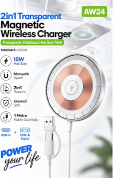 Acl Aw24 15w Magsafe Uyumlu Manyetik Kablosuz Hızlı Şarj Aleti, Usb-c & Usb-a Çift Girişli 1 Metre K