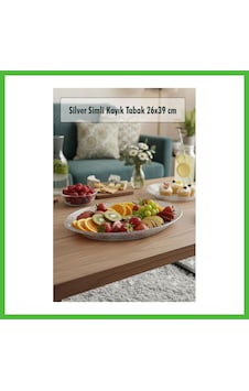 Vaveni Silver Simli Büyük Kayık Tabak Sunum & Servis Tabağı - 26,5 X 39,5 Cm Arz