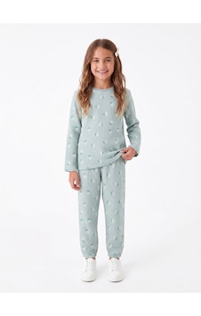 Onloox Kız Çocuk Su Yeşili Kız Çocuk Su Yeşili Müslin Pamuklu Bisiklet Yaka Uzun Kol Papatya Desenli Pijama Takımı 4-8 Yaş