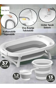Katlanabilir Bebek Küveti Seti Portatif Katlanır Kova Ve Maşrapa Yer Kaplamayan Bebek Banyo Seti Gri - 750426316