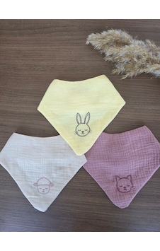 Venedy S Sleepy Bunny,lamb,kitty 3lü Nakışlı Müslin Bandana Önlük Seti Çok Renkli