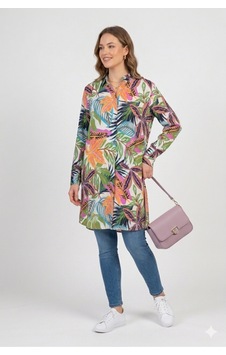 Polologin Butik Tropikal Desenli Uzun Tunik Gömlek - Çok Renkli Mavi Polologin Butik Tropikal Desenli Uzun Tunik Gömlek - Çok Renkli Mavi