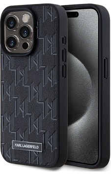 Apple Uyumlu iPhone  15 Pro Max Kılıf Karl Lagerfeld Lisanslı Magsafe Şarj Özellikli Kl Yazılı Hot Stamp Siyah