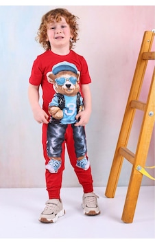 Kıpırık Baby Erkek Çocuk Ayı Desenli Kısa Kollu Tshırt Eşofman 2'li Takım-1092 Kırmızı