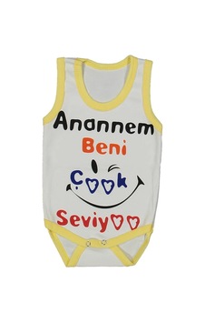 Bebegen Unısex Beyaz Sarı Biyeli Anaannem Beni Seviyor Yazılı Askılı Zıbın Bebegen Unısex Beyaz Sarı Biyeli Anaannem Beni Seviyor Yazılı Askılı Zıbın