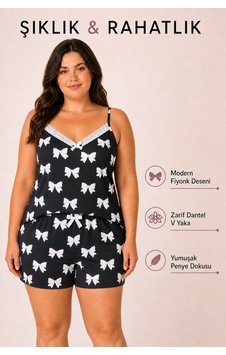 Bravie Kadın Büyük Beden İp Askılı Yakası Dantelli Kurdele Desenli Siyah Yazlık Pijama Takımı Bravie Kadın Büyük Beden İp Askılı Yakası Dantelli Kurdele Desenli Siyah Yazlık Pijama Takımı