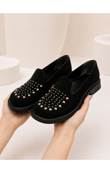 Dabab Shoes Monıca Kadın Siyah Süet Taşlı Zımbalı Yuvarlak Burun 2 Cm Kalın Taban Loafer Ayakkabı