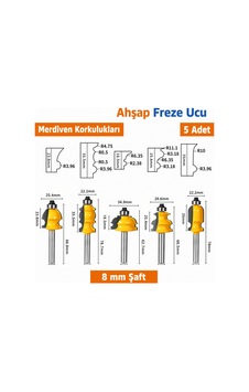5 Parça Rulmanlı Ahşap Profil Freze Ucu Seti 8 Mm Sap