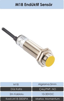 Momentum M18 Endüktif Sensör 5mm Düz Kafa PNP NO LM18-3005PA Momentum M18 Endüktif Sensör 5mm Düz Kafa PNP NO LM18-3005PA