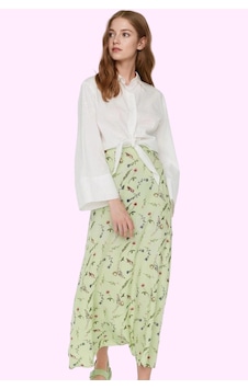 Ersefa Moda Tesettür Regular Çiçekli Desen Günlük Maxi Boy Puantiye Desenli Çan Dokuma Etek Yeşil
