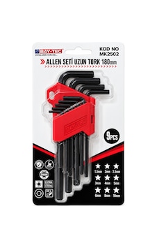 Bay-tec 9 Parça Uzun Torx Alyan Anahtar Takımı L Tipi Yıldız Uçlu Anahtar Seti