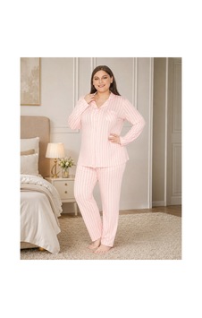 Alperi Büyük Beden Kadın Boydan Düğmeli Çizgili Mevsimlik Pijama Takım B790-45 Pembe Alperi Büyük Beden Kadın Boydan Düğmeli Çizgili Mevsimlik Pijama Takım B790-45 Pembe