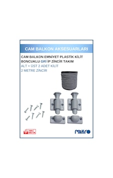 Gri Cam Balkon Kilidi Emniyet Plastik Tombul Kilit Boncuklu Gri İp Zincir Takım Seti Gri Cam Balkon Kilidi Emniyet Plastik Tombul Kilit Boncuklu Gri İp Zincir Takım Seti
