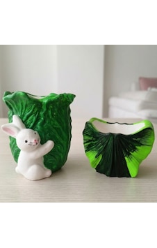 Tavşan Marulda Ve Ginkgo Kalemlik Mumluk Dekoratif Saksı Yeşil